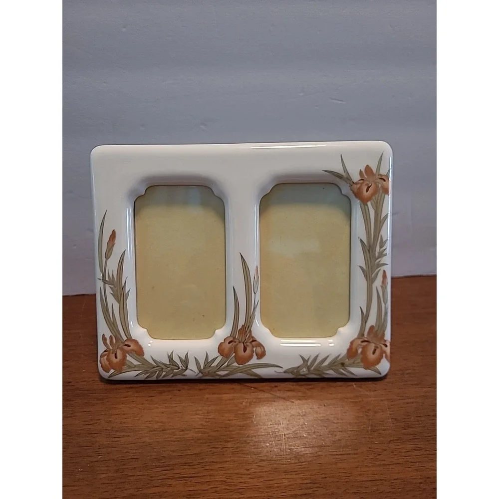 Vintage Hand Painted White Ceramic 2 Pictures Copper Iris Flowers Japan